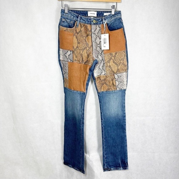 Frame Denim Blue and Brown Patchwork Straight Leg Jeans - Picture 1 of 15